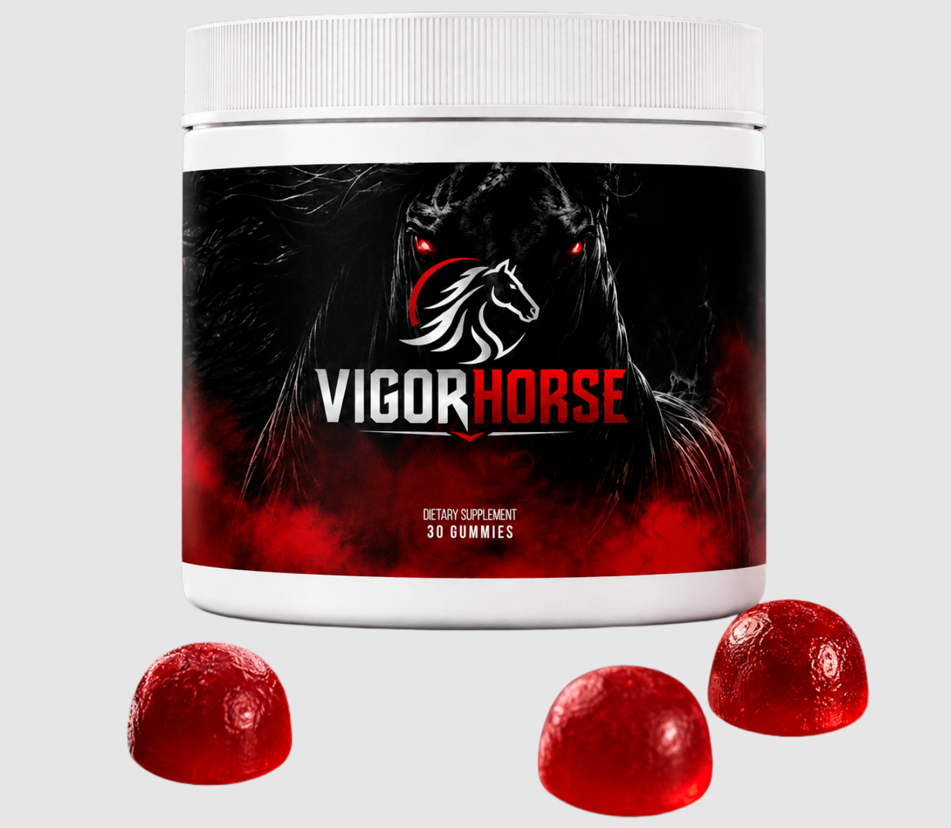 VigorHorse dietary supplement bottle with red gummies