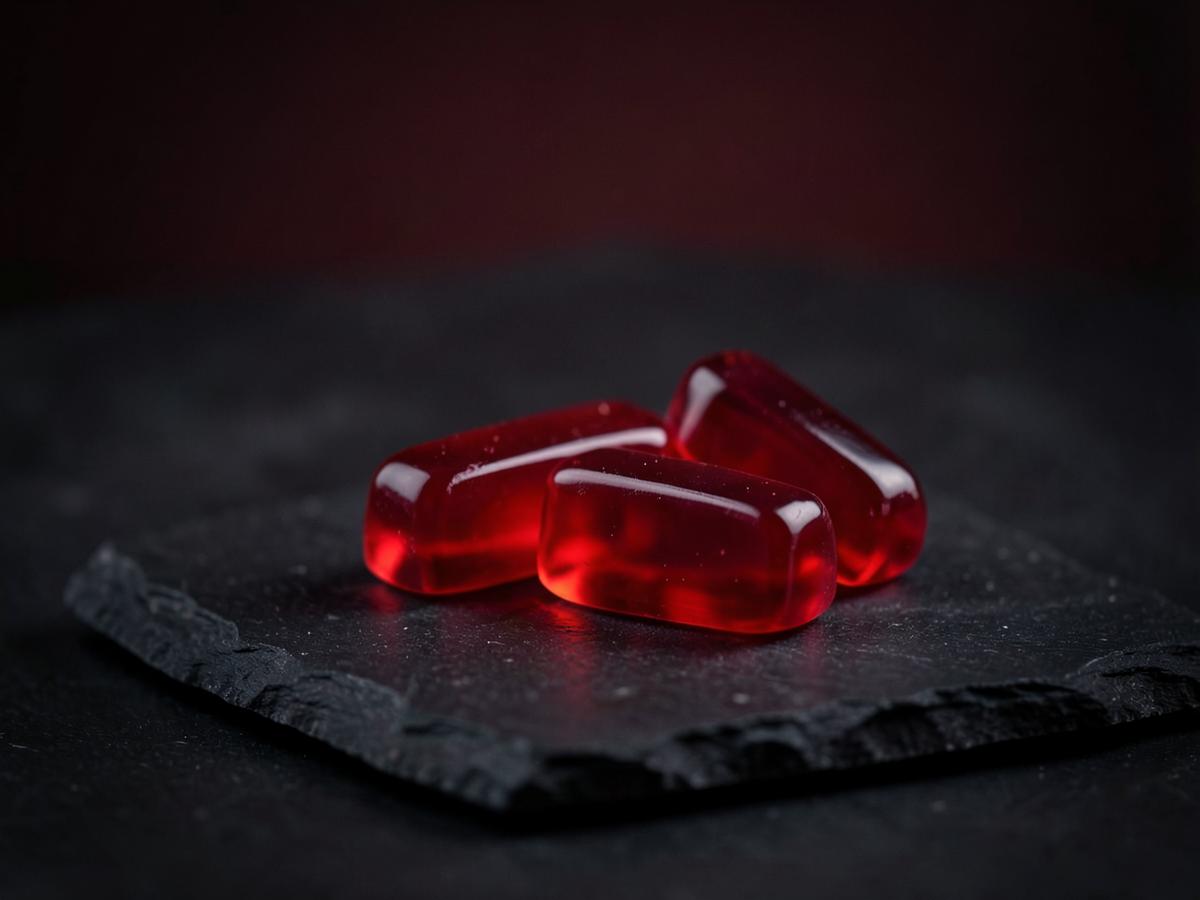Red gummy supplement pieces on a dark surface